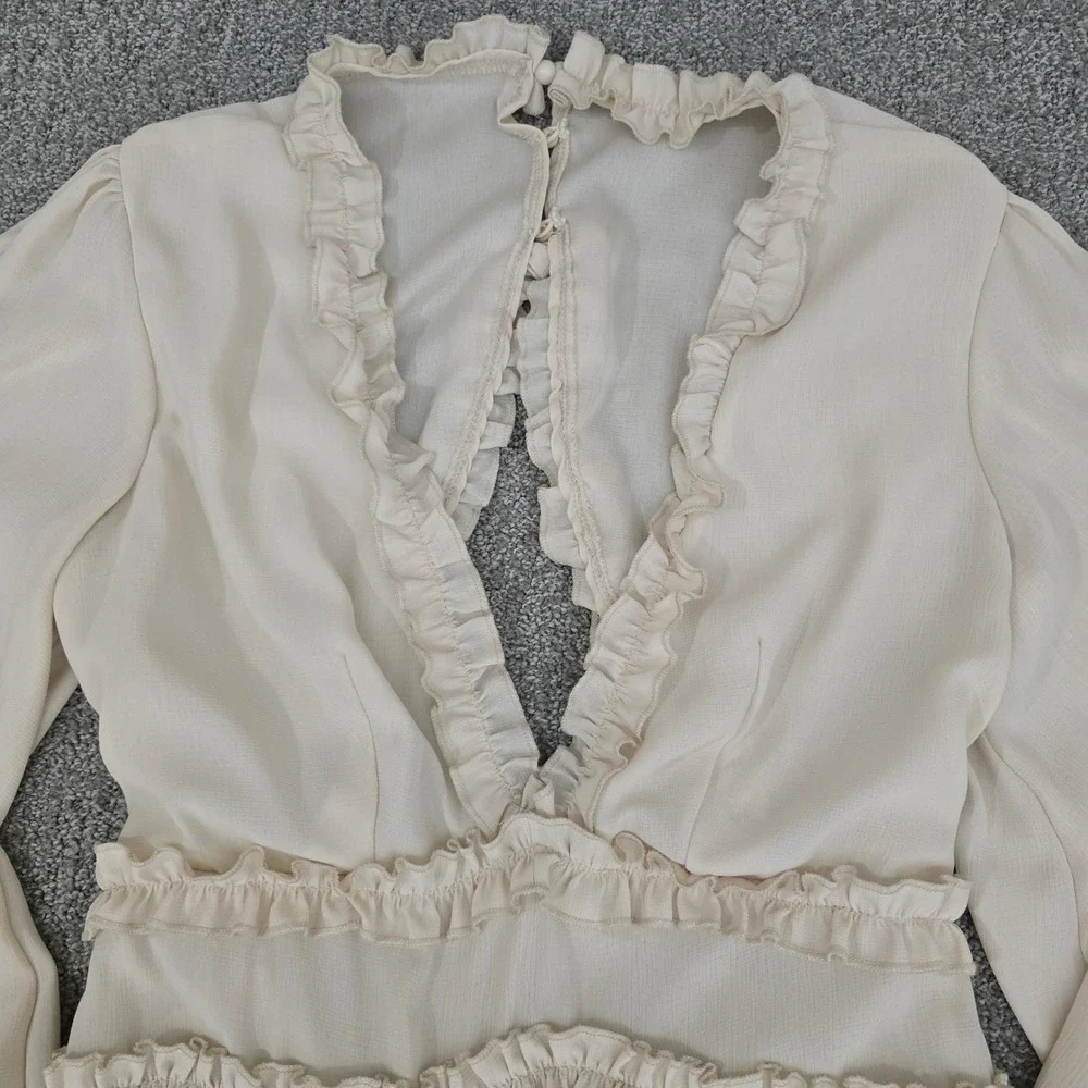Cream Ruffle Tiered Mini Dress Open Back Coquette Romantic Boho Size M - Picture 2 of 8
